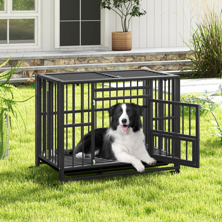 Foldable-Metal-Dog-Crate-Portable-Heavy-Duty-Dog-Cage-Kennel-with-Removable-Tray-and-Lockable-Wheels