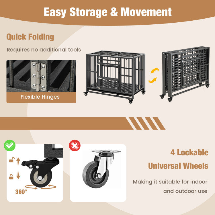 Foldable-Metal-Dog-Crate-Portable-Heavy-Duty-Dog-Cage-Kennel-with-Removable-Tray-and-Lockable-Wheels