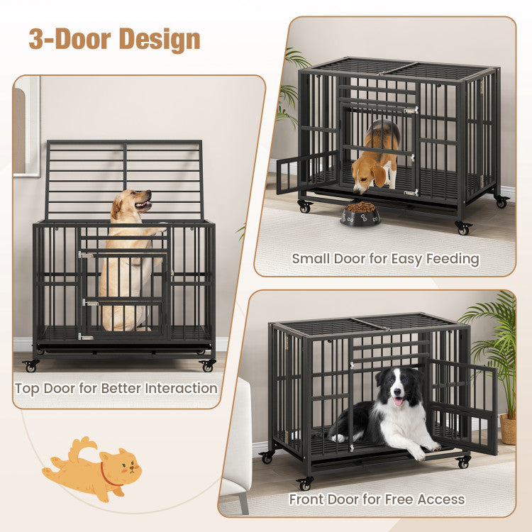 Foldable-Metal-Dog-Crate-Portable-Heavy-Duty-Dog-Cage-Kennel-with-Removable-Tray-and-Lockable-Wheels