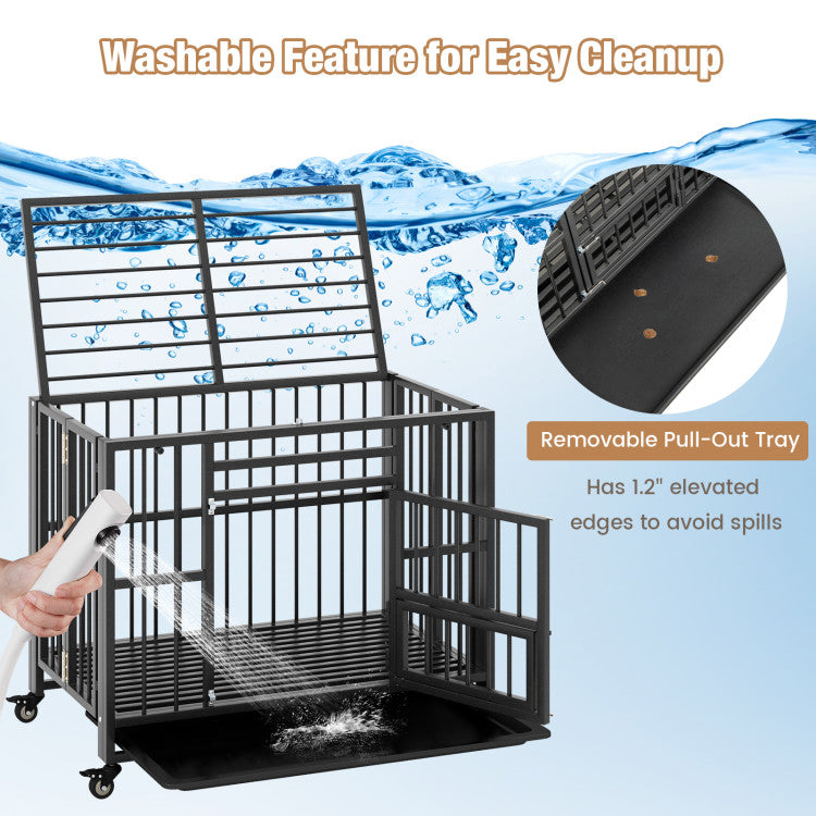 Foldable-Metal-Dog-Crate-Portable-Heavy-Duty-Dog-Cage-Kennel-with-Removable-Tray-and-Lockable-Wheels