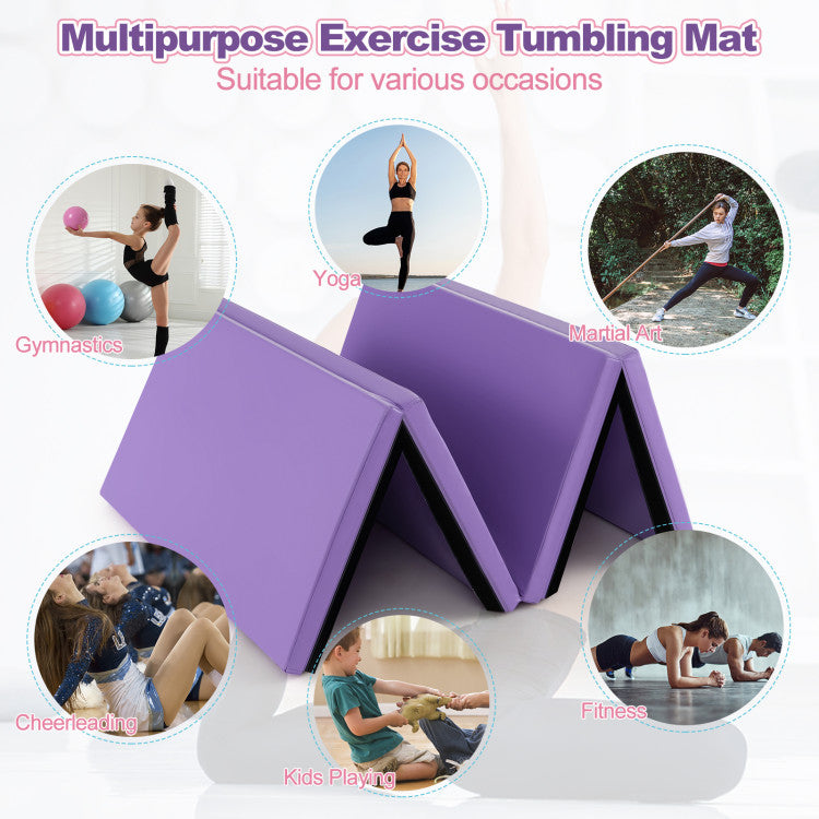 Folding Gymnastics Mat 4-Fold Exercise Tumbling Mat with Carry Handles and Hook Loop Fastener for Fitness Yoga Aerobics