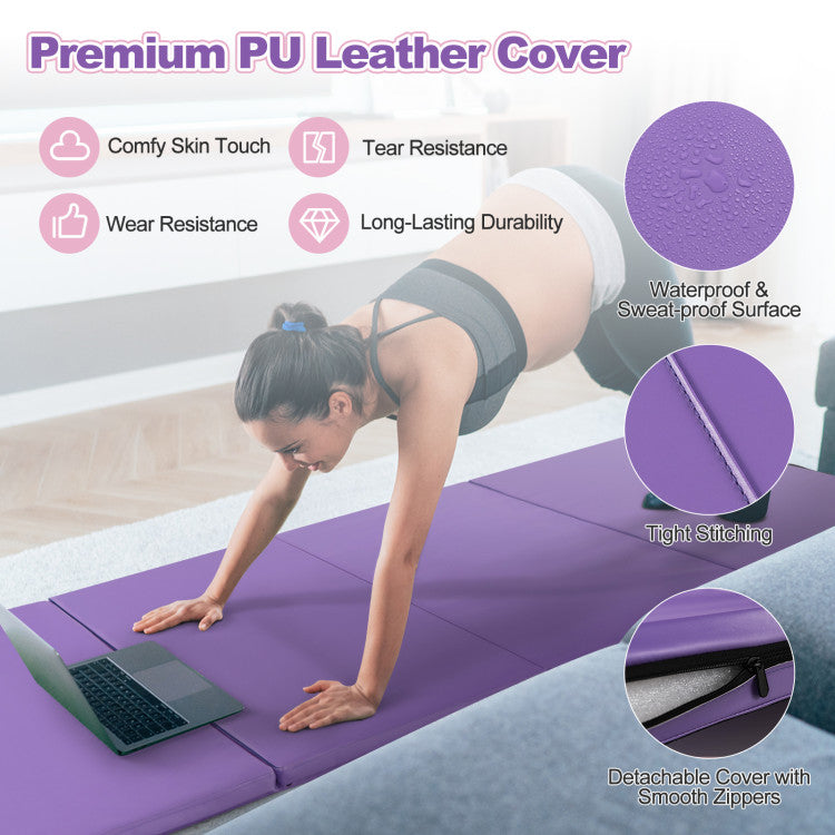 Folding Gymnastics Mat 4-Fold Exercise Tumbling Mat with Carry Handles and Hook Loop Fastener for Fitness Yoga Aerobics