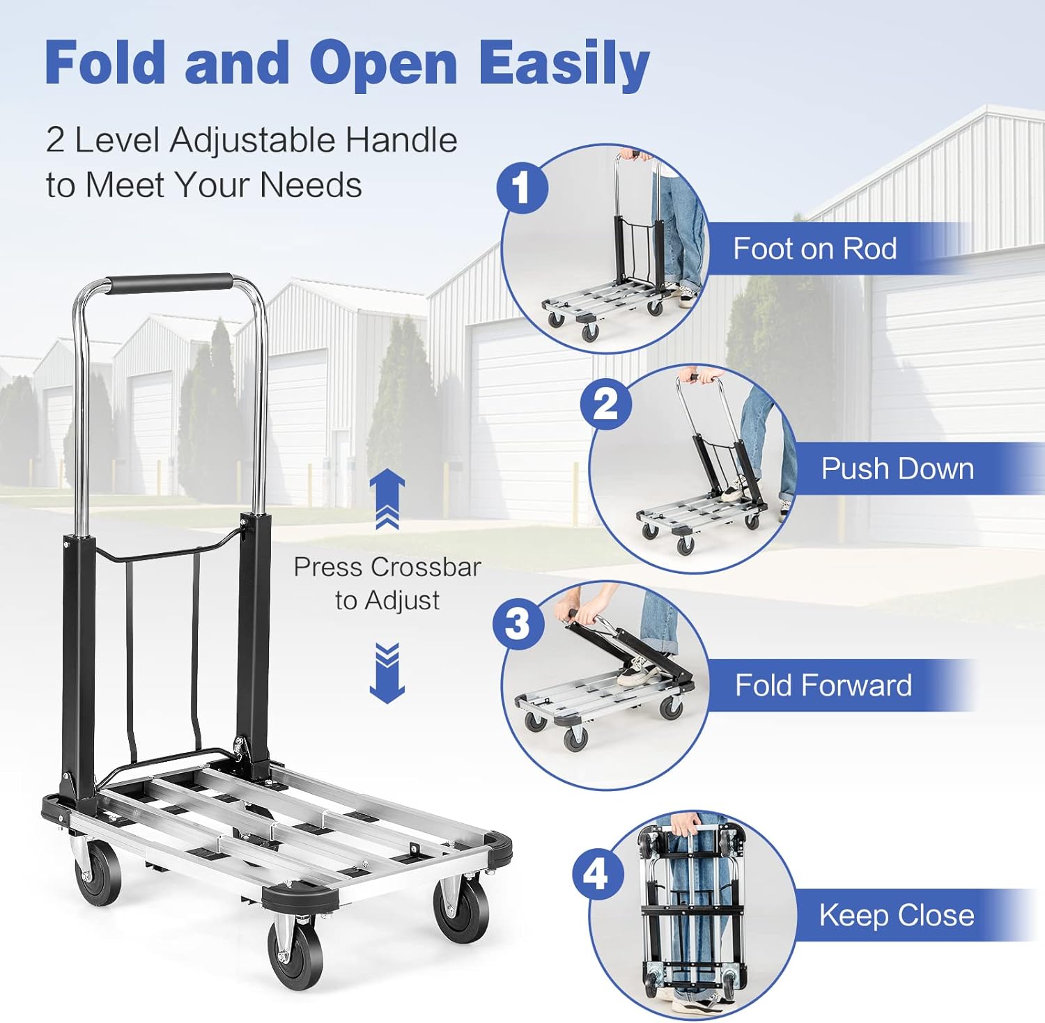 Folding Hand Truck 330 lbs Aluminum Utility Dolly Platform Luggage Cart with Extendable and Adjustable Base