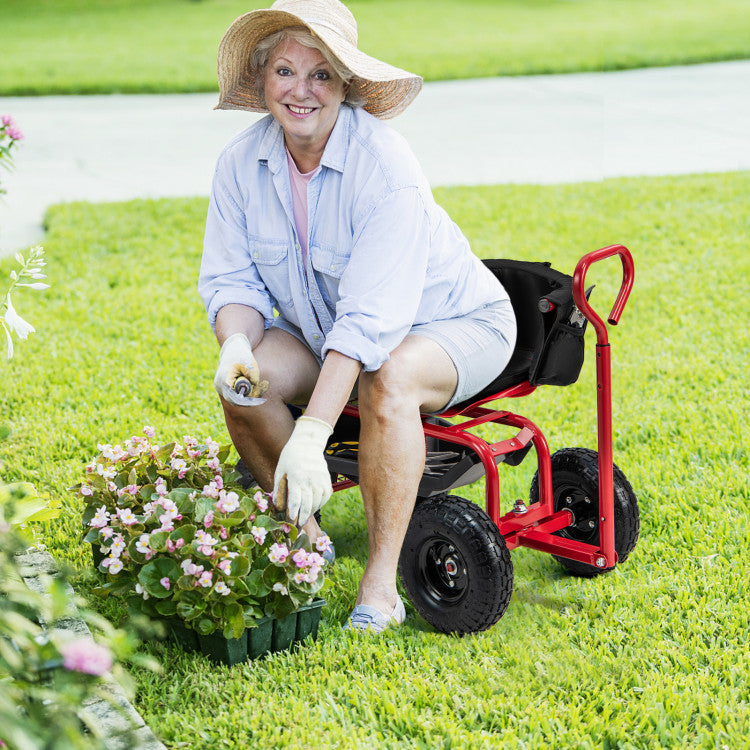 Garden Steerable Tool Cart Adjustable Rolling Scooter Patio Wagon Scooter with Storage Basket and Swivel Seat