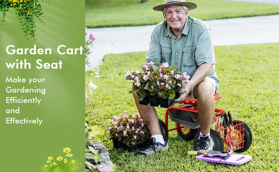 Heavy-Duty Rolling Garden Cart Patio Stool Kneeler with Seat and Tool Tray