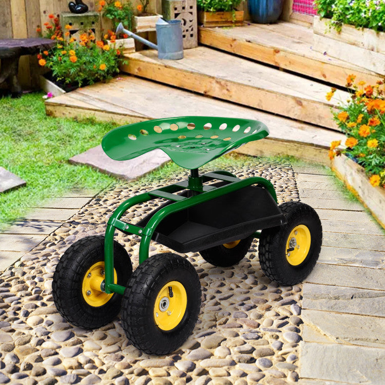 Heavy-Duty Rolling Garden Cart Patio Stool Kneeler with Seat and Tool Tray