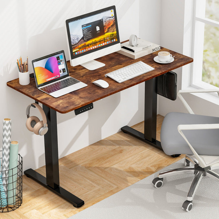 Height-Adjustable-Electric-Standing-Desk-Sit-Stand-Office-Computer-Desk-with-Hanging-Hooks-and-Adjustable-Foot-Pads