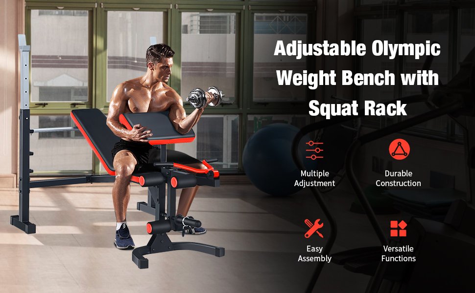 Home Gym Multifunctional Workout Bench Set Adjustable Olympic Weight Fitness Equipment with Backrest and Curl Pad for Full Body Strength Training