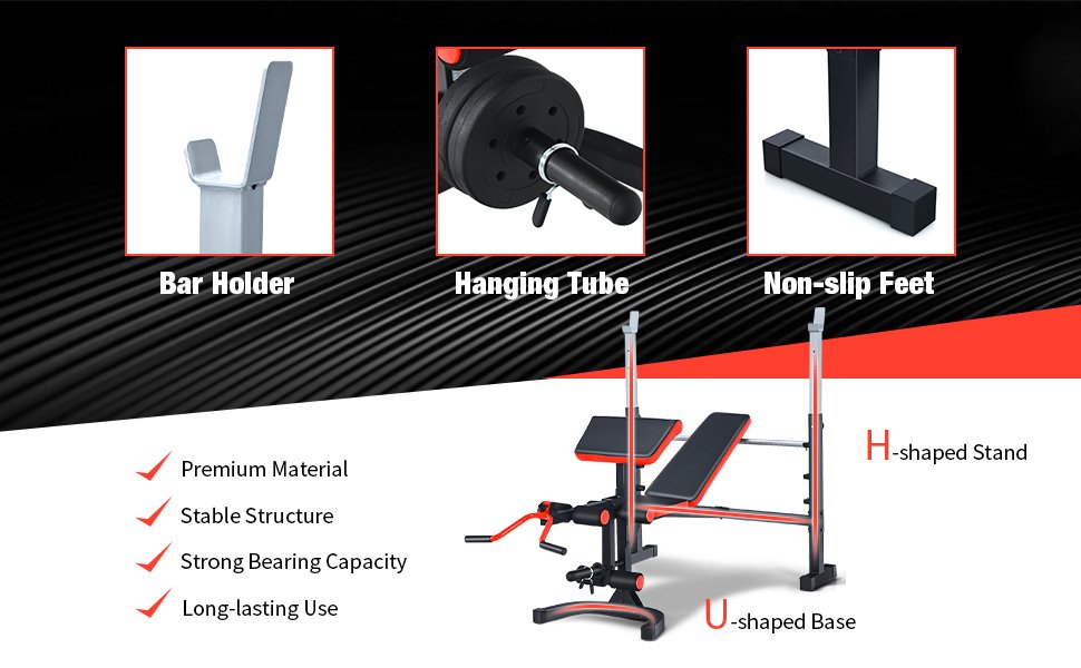 Home Gym Multifunctional Workout Bench Set Adjustable Olympic Weight Fitness Equipment with Backrest and Curl Pad for Full Body Strength Training