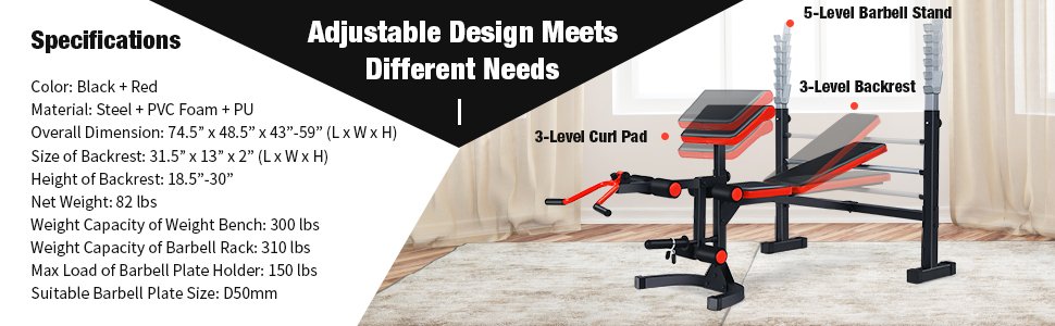 Home Gym Multifunctional Workout Bench Set Adjustable Olympic Weight Fitness Equipment with Backrest and Curl Pad for Full Body Strength Training