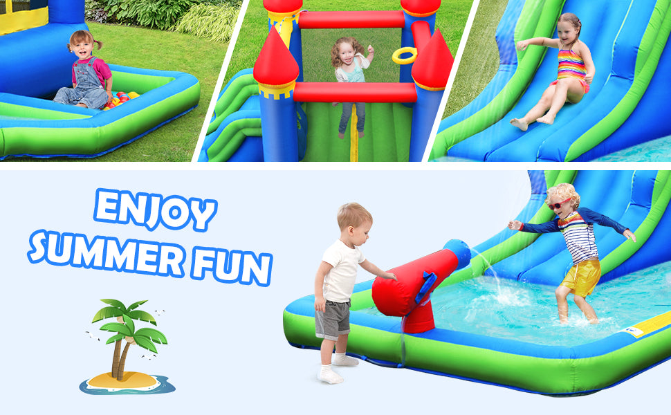 Kids Inflatable Bounce House Jumping Castle Water Slide Park Bouncer with Ball Shooting and Trampoline