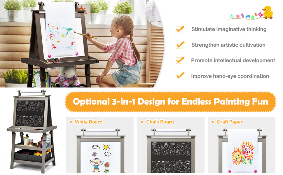 Kids Art Easel 3-in-1 Double-Sided Storage Easel with Whiteboard and 2 Storage Boxes for Toddlers