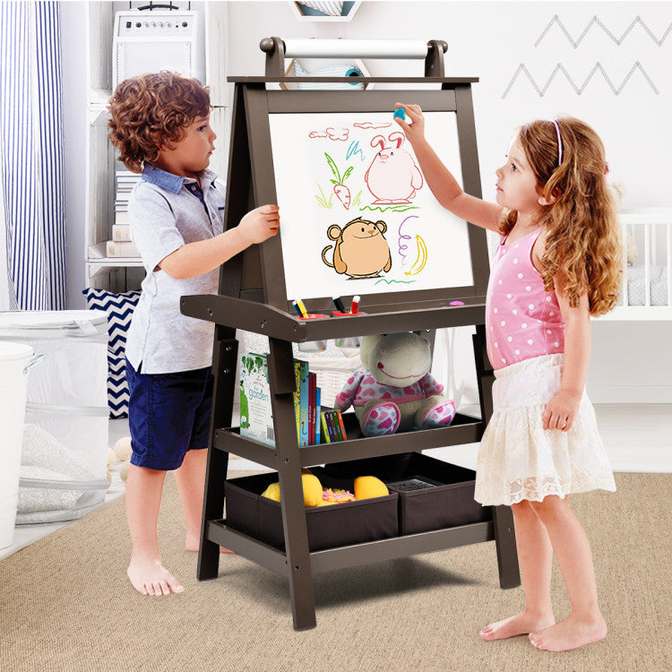 Kids Art Easel 3-in-1 Double-Sided Storage Easel with Whiteboard and 2 Storage Boxes for Toddlers