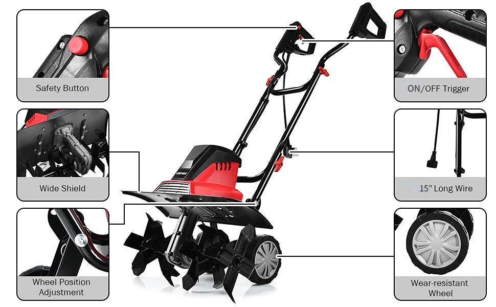 Mini Foldable 13.5 Amp Corded Electric Tiller and Cultivator Powerful Tillers Rototillers Tool with 4 High-Hardness Blades and 9-Inch Tilling Depth for Soil Digging