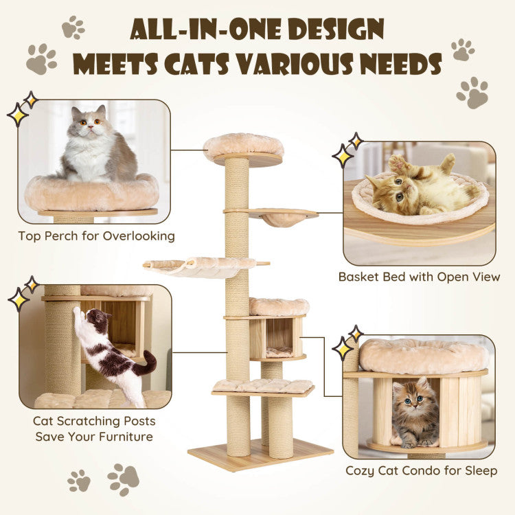 Chairliving Modern Tall Wood Cat Tree Cat Tower Multi-Layer Platform Cat Condo Furniture 