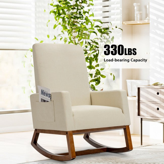 Modern Upholstered Rocking Chair High Back Lounge Armchair with Side Pocket and Fabric Padded Seat