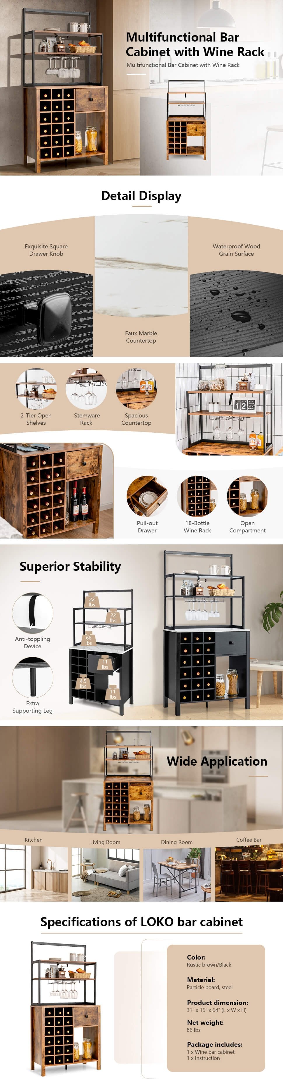 Multifunctional Wine Bakers Rack Table Kitchen Freestanding Floor Bar Cabinet with Glass Holder and Drawer for Dining Room