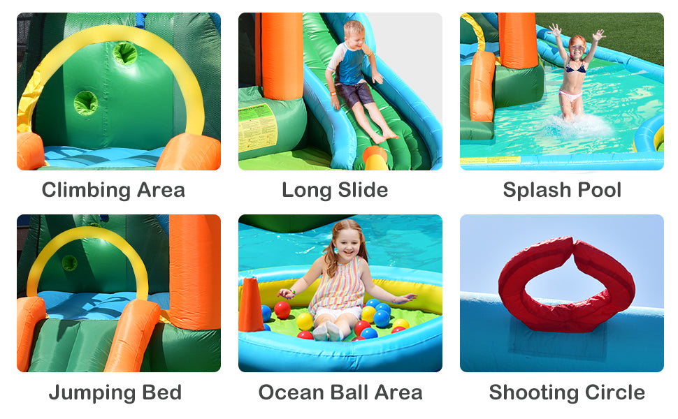 7 in 1 Kids Inflatable Bounce House, Giant Water Slide Park Jumping Castle with Blower and Climbing Wall