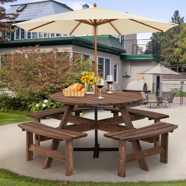 Outdoor 8 People Wooden Picnic Table and Bench Set Patio Beer Dining Seat with Umbrella Hole