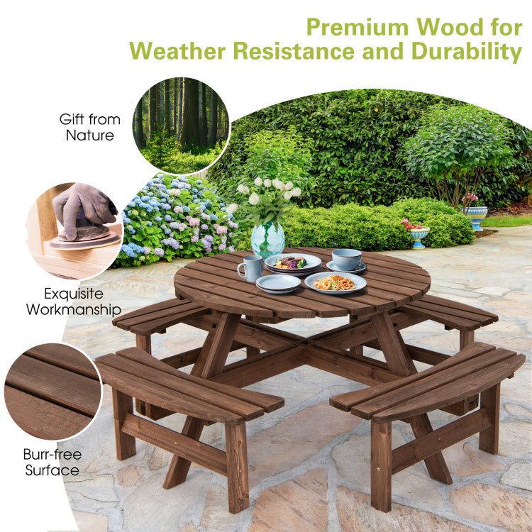 Outdoor 8 People Wooden Picnic Table and Bench Set Patio Beer Dining Seat with Umbrella Hole