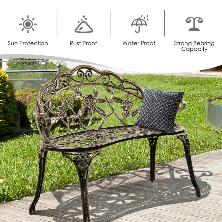 Outdoor Aluminum Antique Bench Patio Loveseat Chair with Floral Rose Style and Foot Pads