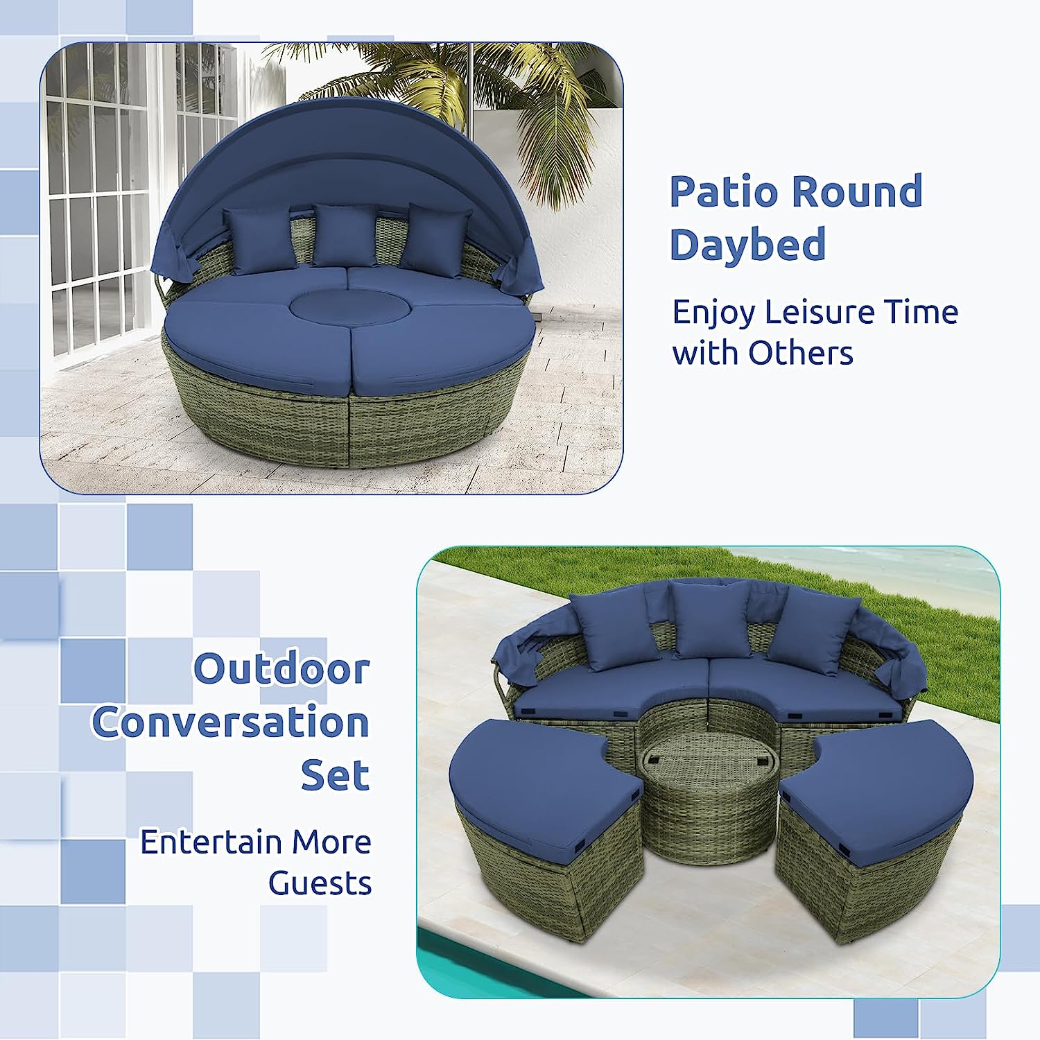 Outdoor PE Wicker Round Daybed Patio Sectional Seating Couch Furniture