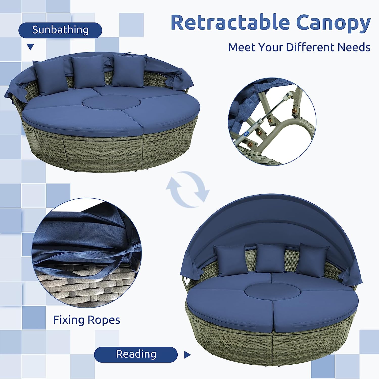 Outdoor PE Wicker Round Daybed Patio Sectional Seating Couch Furniture