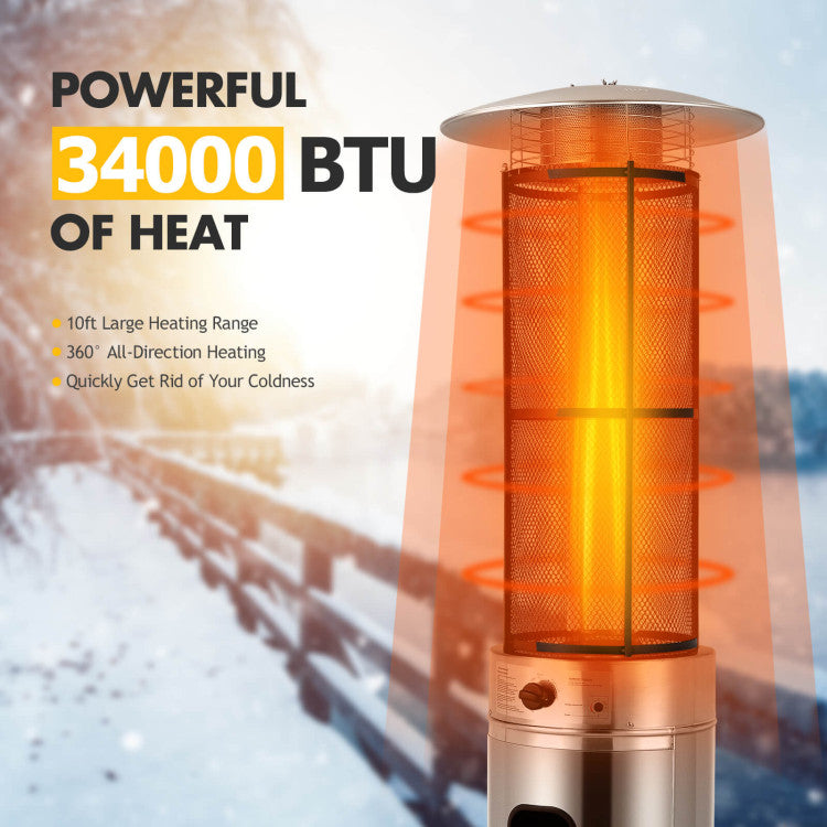 Outdoor Propane Heater 34000 BTU Stainless Steel Pyramid Floor-Standing Patio Heaters with Wheels and Dancing Flame