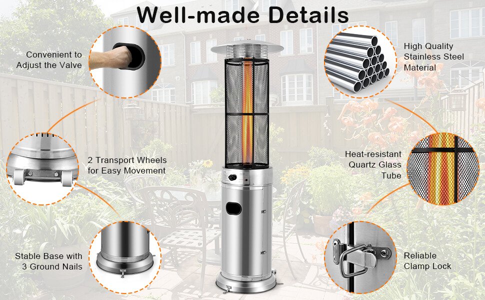 Outdoor Propane Heater 34000 BTU Stainless Steel Pyramid Floor-Standing Patio Heaters with Wheels and Dancing Flame