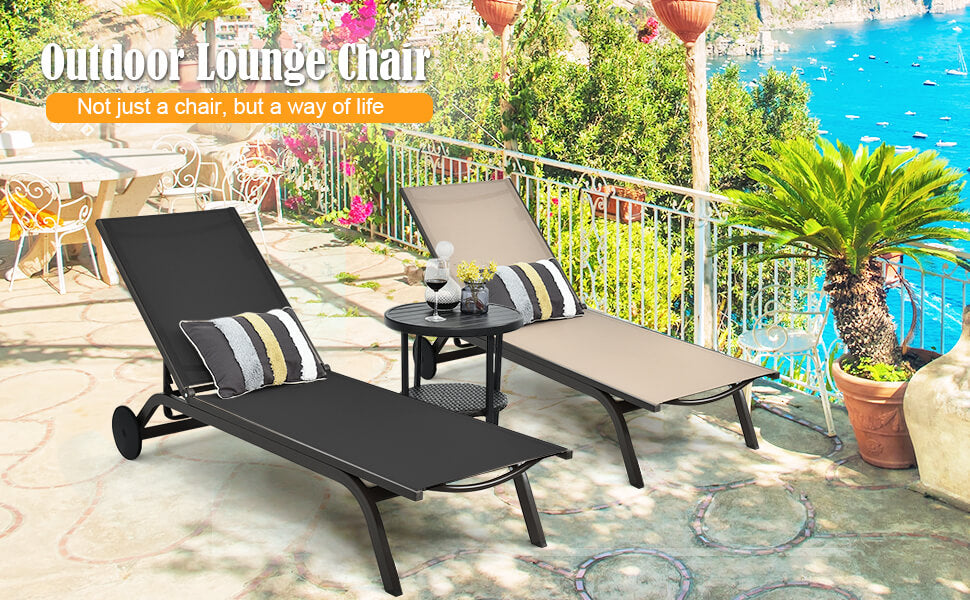Outdoor 6-Position Adjustable Fabric Recliner Chair Patio Lounge Chair with Large Wheels