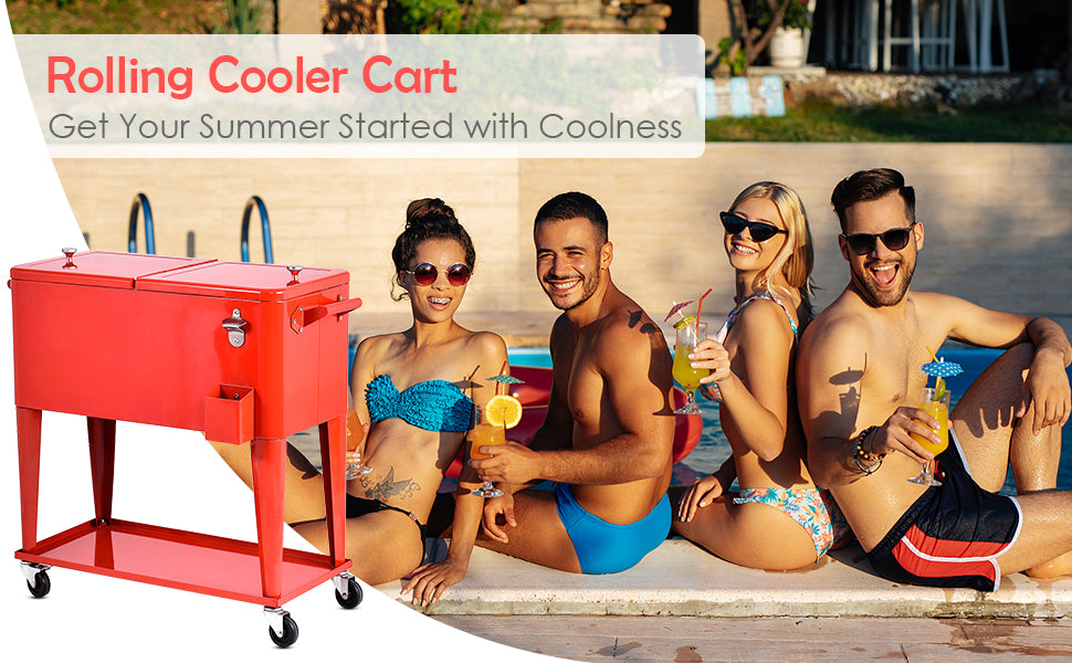 Outdoor 80 Quart Rolling Cooler Cart Patio Beverage Bar Trolley Ice Chest with Bottle Opener for Cookouts Party BBQ