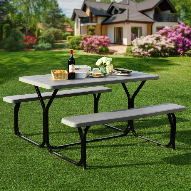 Outdoor Camping Folding Picnic Table Bench Set with Metal Base and Wood-Like Texture