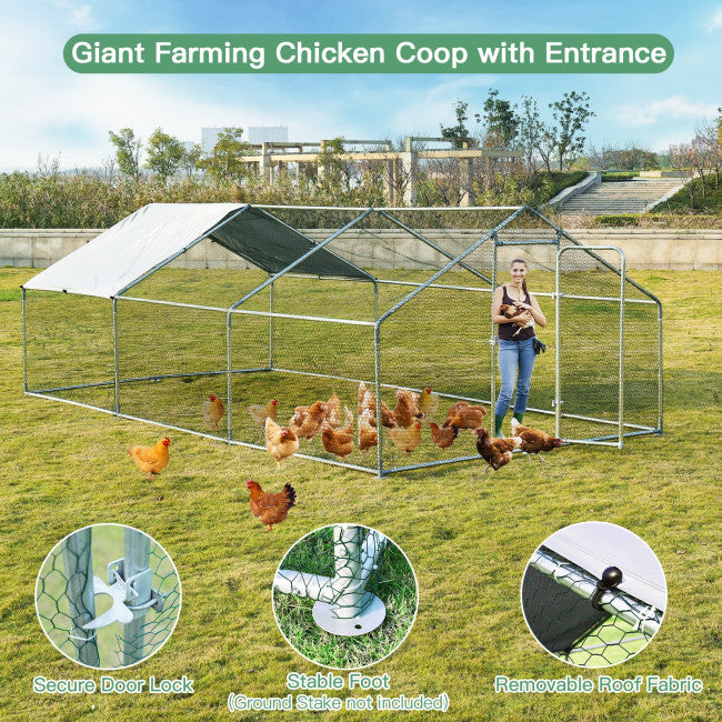 Outdoor Metal Chicken Coop Walk-in Shade Cage Hen Run House Poultry Habitat with Roof Cover