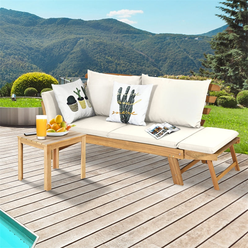 Outdoor Patio Acacia Wood Daybed Convertible Couch Sofa Bed Folding Chaise Lounge Bench with Cushion and Adjustable Armrest