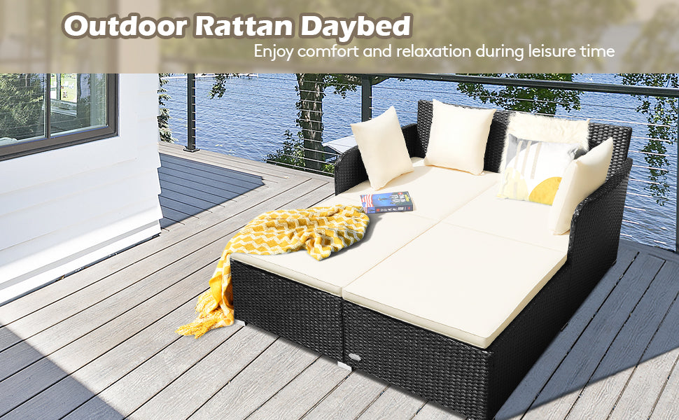 Outdoor Rattan Daybed Sunbed Wicker Patio Furniture Sofa Set with Spacious Seat and Upholstered Cushion