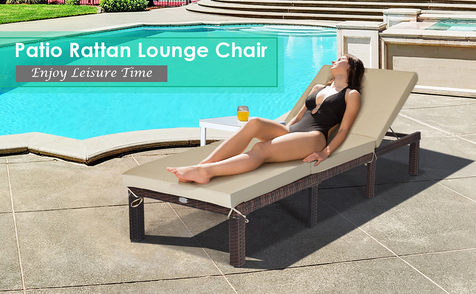 Outdoor Rattan Chaise Lounge Chairs Adjustable Recliner for Beach, Pool