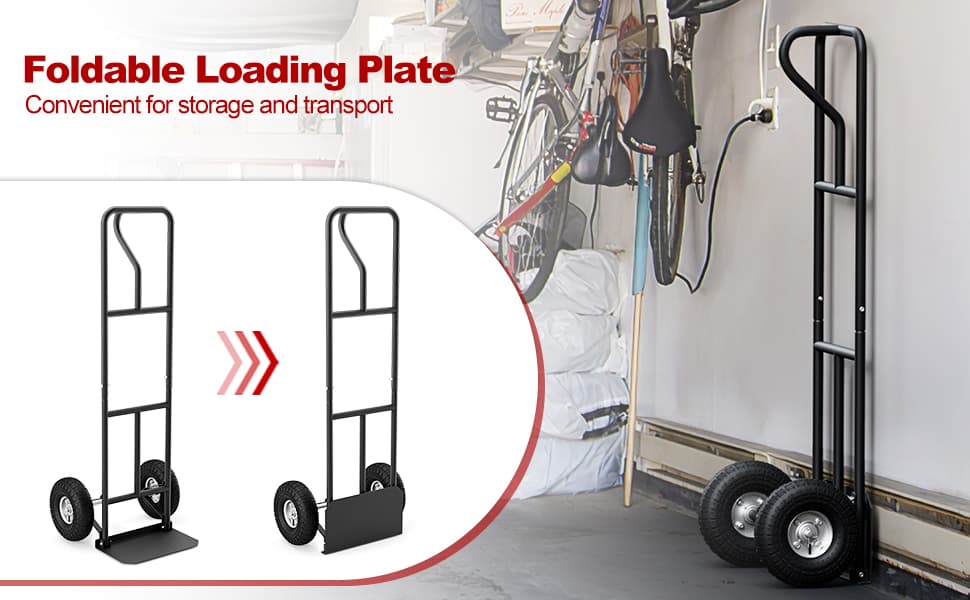 P-Handle Hand Truck Heavy Duty Metal Dolly Cart with Rubber Wheels and Foldable Nose Plate