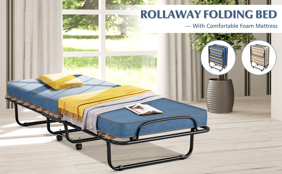 Portable Folding Guest Bed Rolling Hideaway Sleeper Bed with Memory Foam Mattress and 360° Swivel Wheels