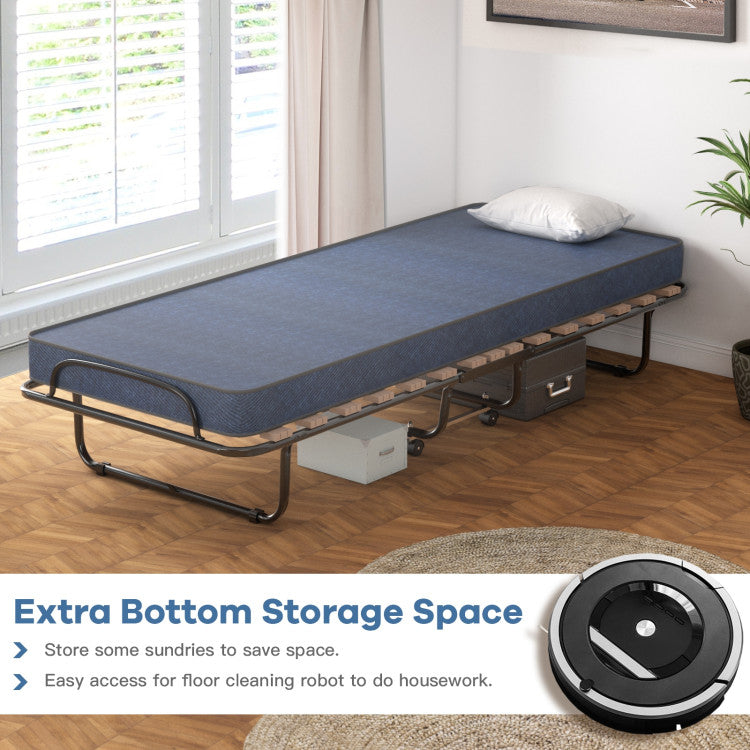 Portable Folding Guest Bed Rolling Hideaway Sleeper Bed with Memory Foam Mattress and 360° Swivel Wheels