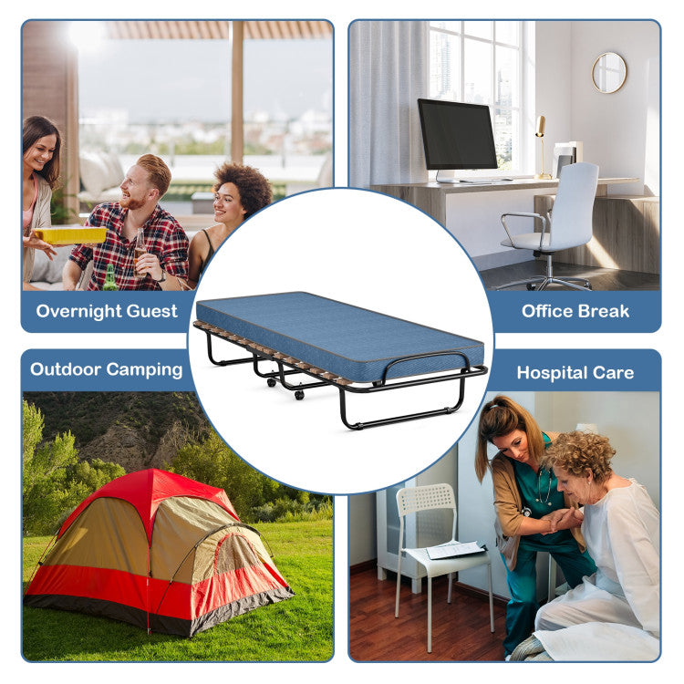 Portable Folding Guest Bed Rolling Hideaway Sleeper Bed with Memory Foam Mattress and 360° Swivel Wheels