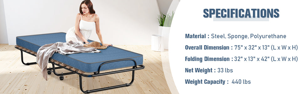 Portable Folding Guest Bed Rolling Hideaway Sleeper Bed with Memory Foam Mattress and 360° Swivel Wheels