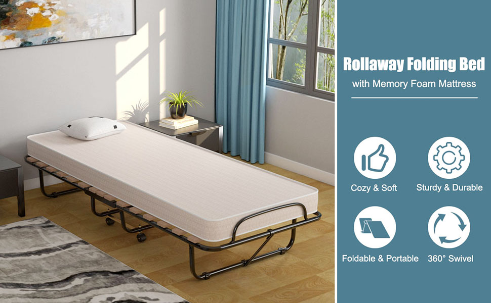 Chairliving Portable Rollaway Guest Folding Bed Sleeper Cot with Memory Foam Mattress for Office Bedroom