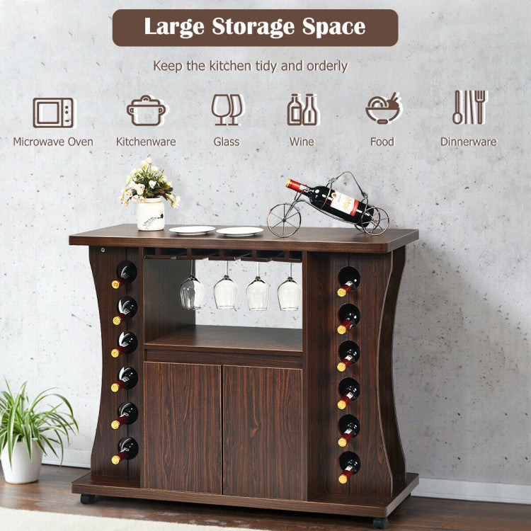 Rolling Buffet Sideboard Wood Wine Liquor Bar Cabinet 12-bottle Wine Rack with Glass Holder and 360° Swivel Casters