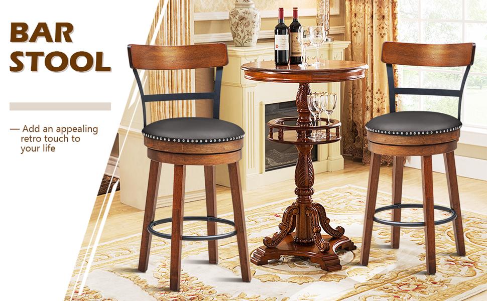 Set of 2 25.5 Inches 360-Degree Swivel Bar Stools Counter Height Dining Chair with Leather Padded Seat