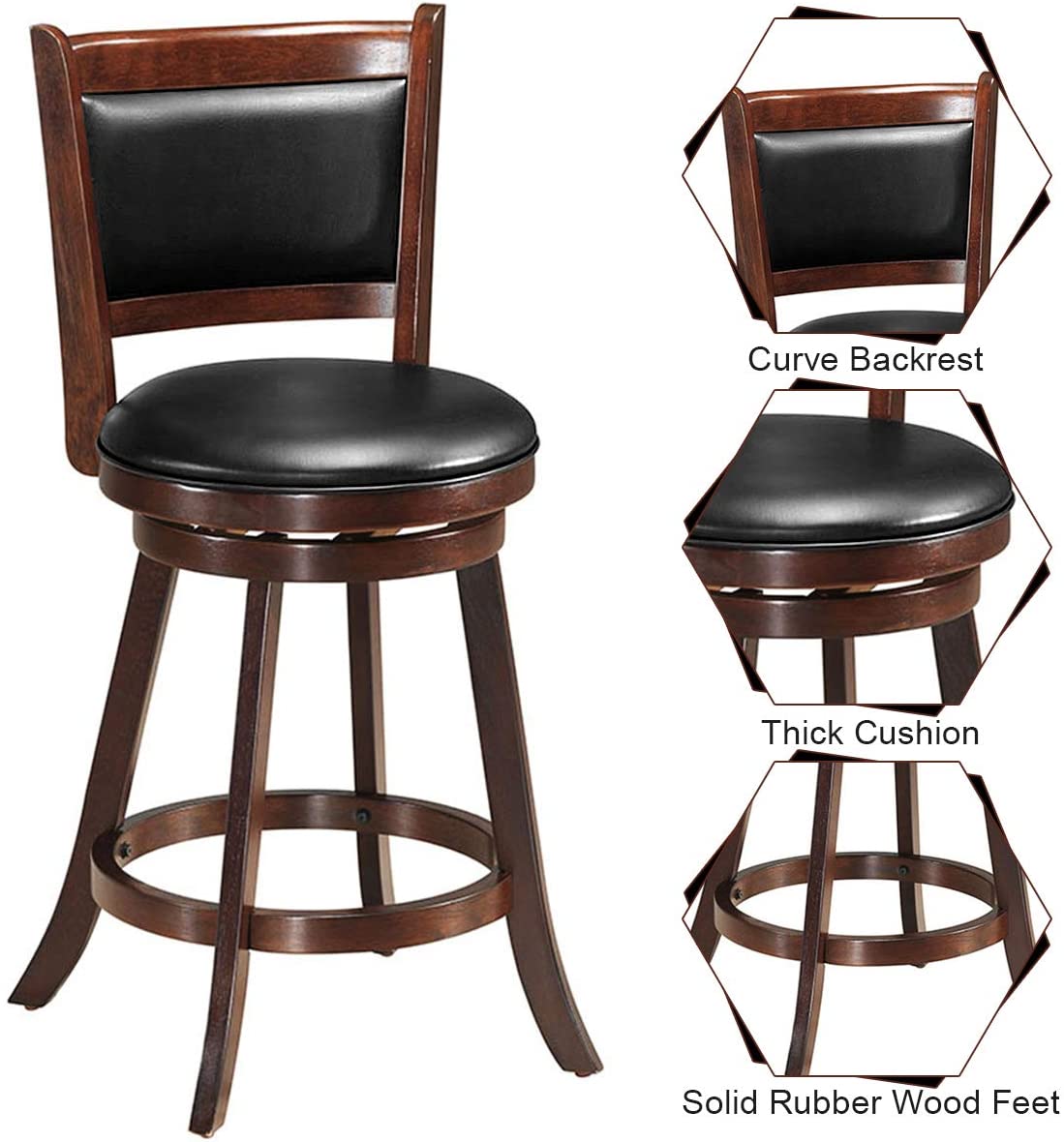 Set of 2 Bar Stools 360 Degree Swivel Accent Wooden Counter Height Dining Chairs with Cushioned Seat