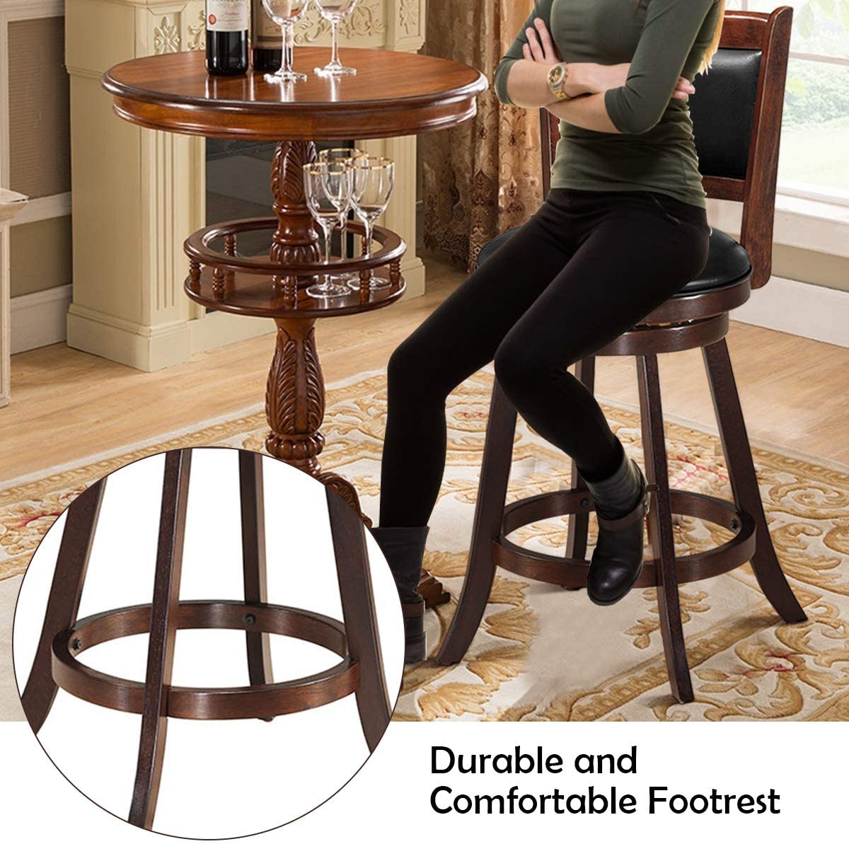 Set of 2 Bar Stools 360 Degree Swivel Accent Wooden Counter Height Dining Chairs with Cushioned Seat