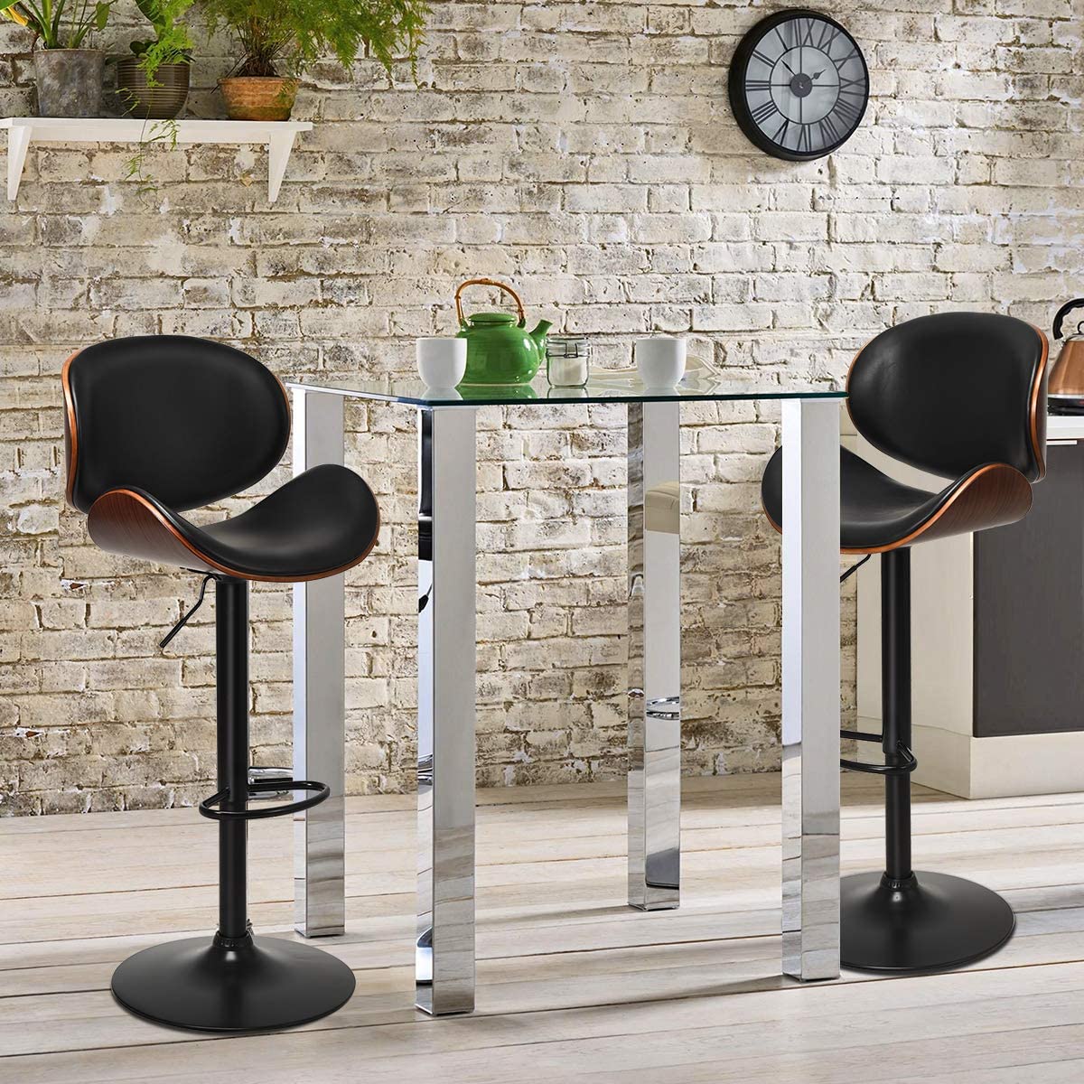 Set of 2 Bar Stools 360-degree Swivel Adjustable Barstools PU Leather Seat Dining Chairs with Curved Footrest