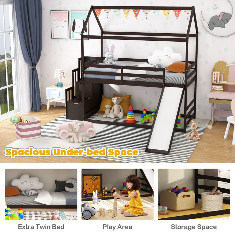 Solid Wood House Bunk Bed Twin Over Twin Loft Bed Frame with Slide and Storage Stairs for Kids Teens