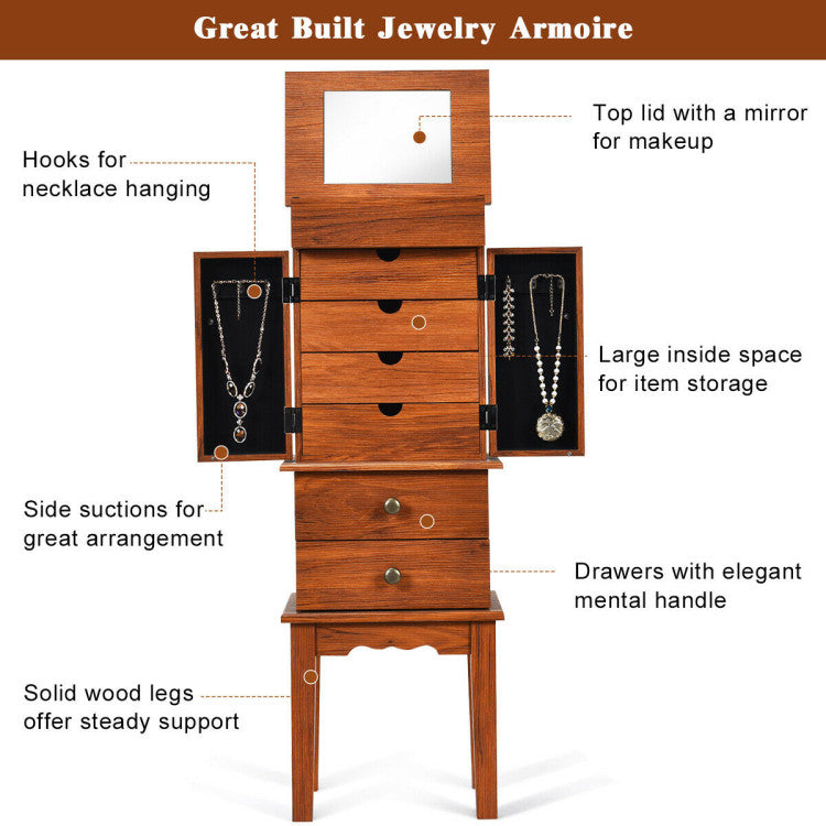 Standing Jewelry Cabinet Vintage Armoire Jewelry Boxes with Drawers and Top Flip Makeup Mirror