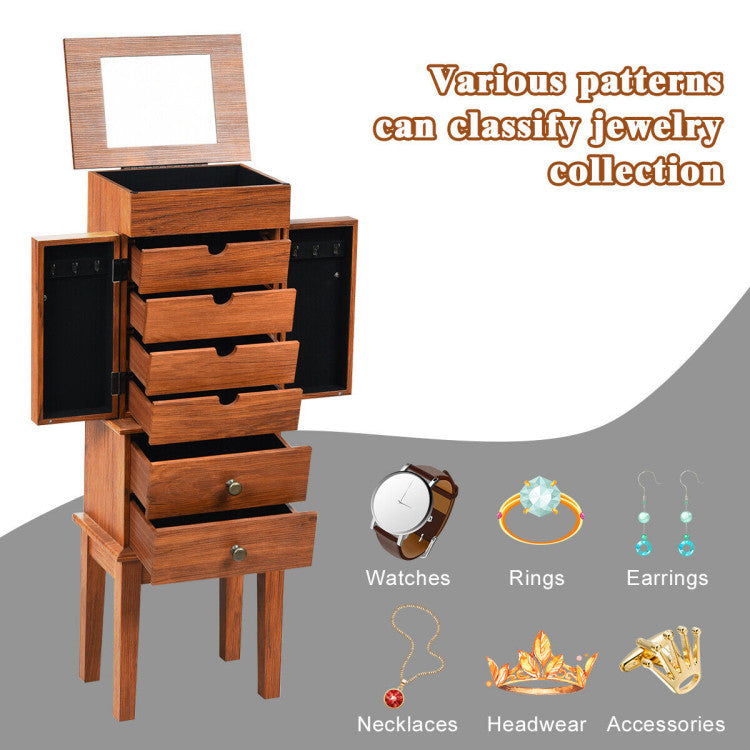 Standing Jewelry Cabinet Vintage Armoire Jewelry Boxes with Drawers and Top Flip Makeup Mirror